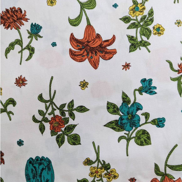 Vintage Mid-Century Floral Fabric, Day Lilies Tulips Mums, Blue Orange Yellow - Picture 5 of 10